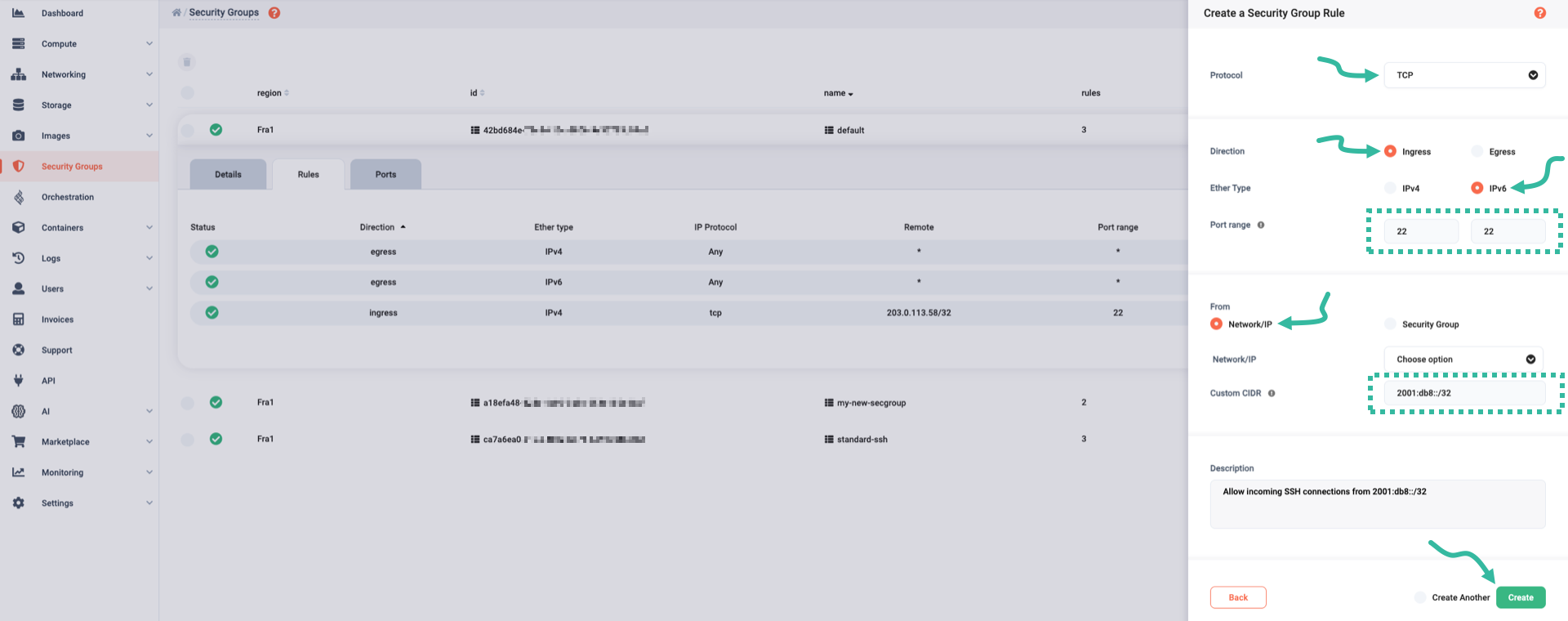 Create ingress rule for IPv6 SSH connections