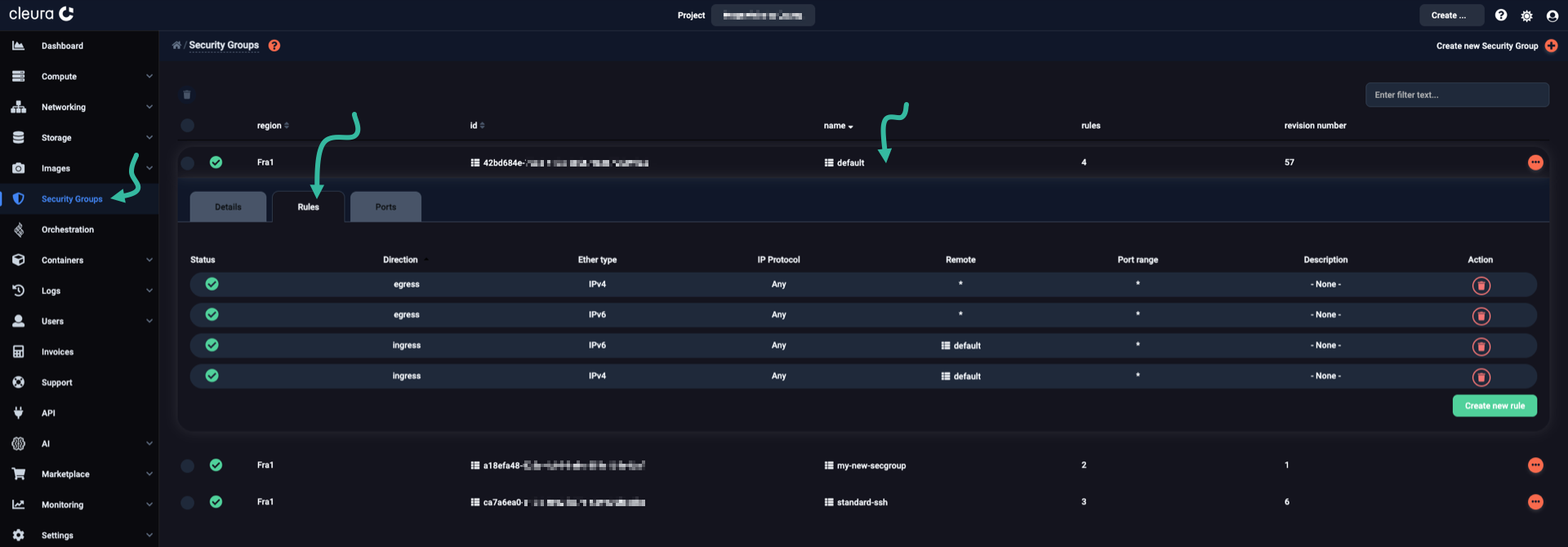 List of rules in the default security group