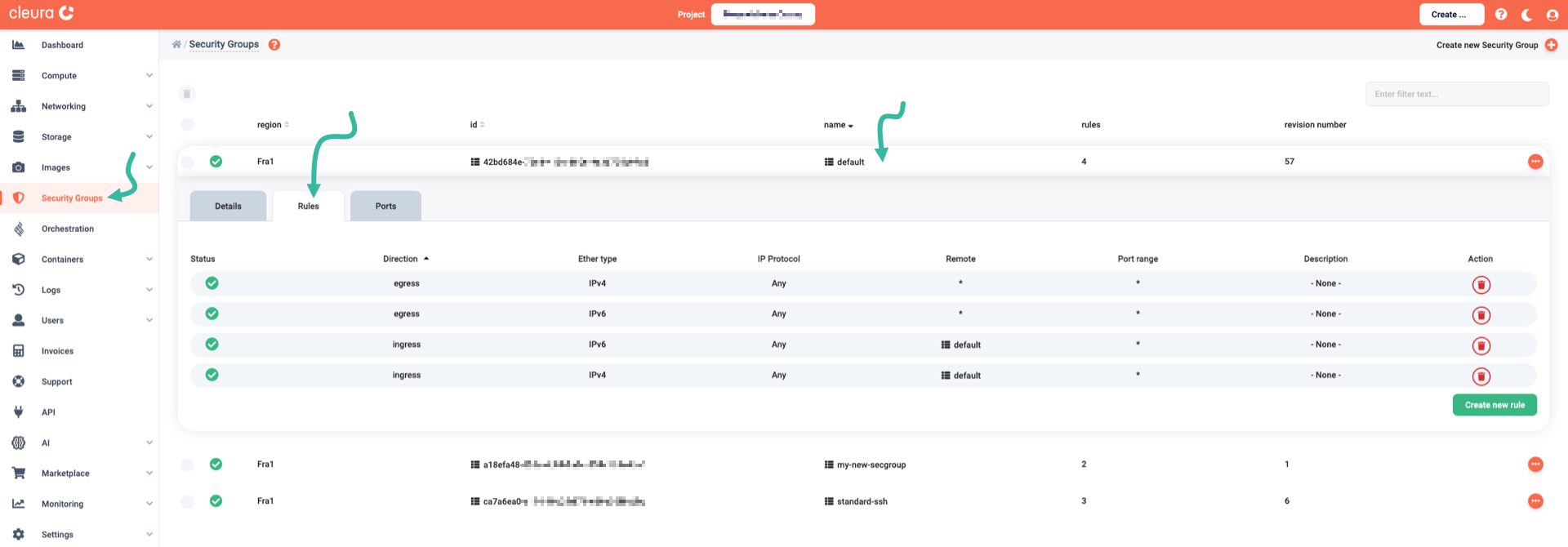 List of rules in the default security group