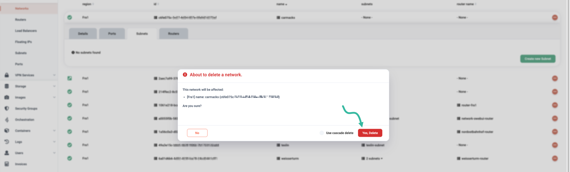 Confirm network delete