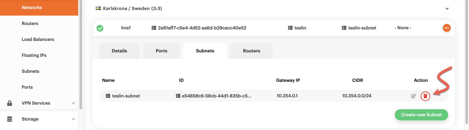 Delete subnet