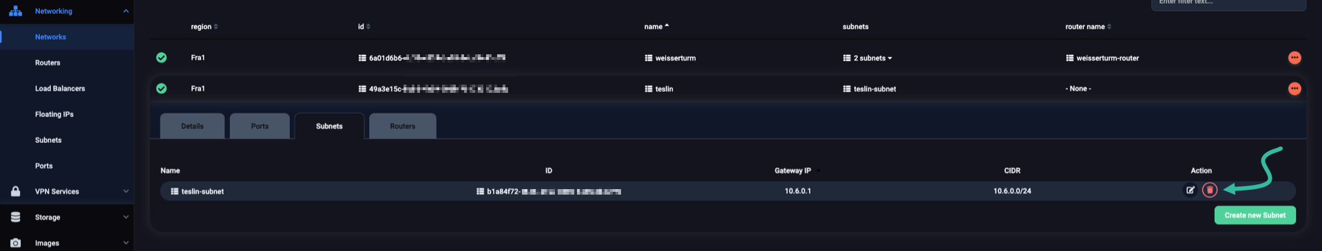 Delete subnet