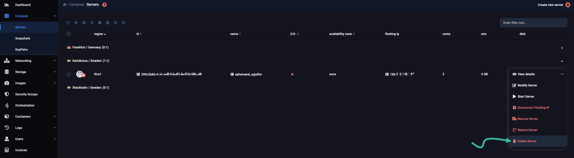 Deleting server