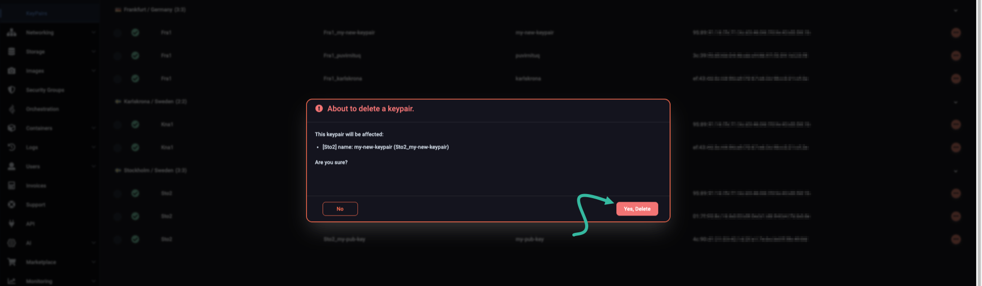 Confirm that you want to delete the selected keypair