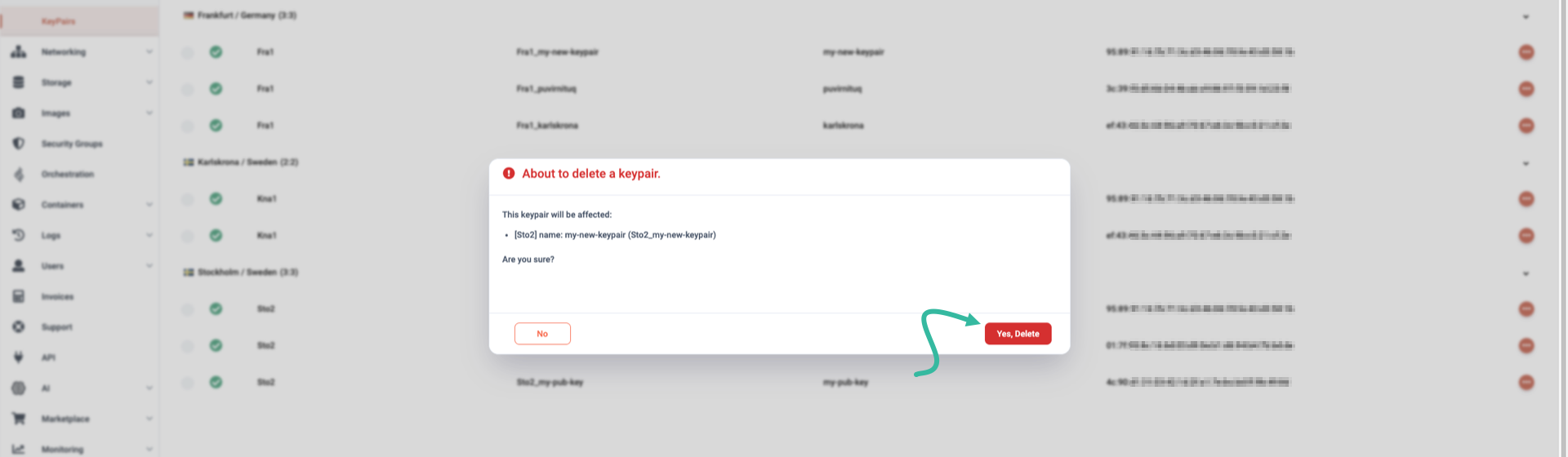 Confirm that you want to delete the selected keypair