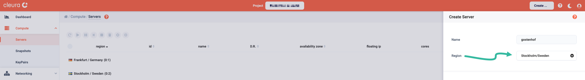 Select a region for the new server