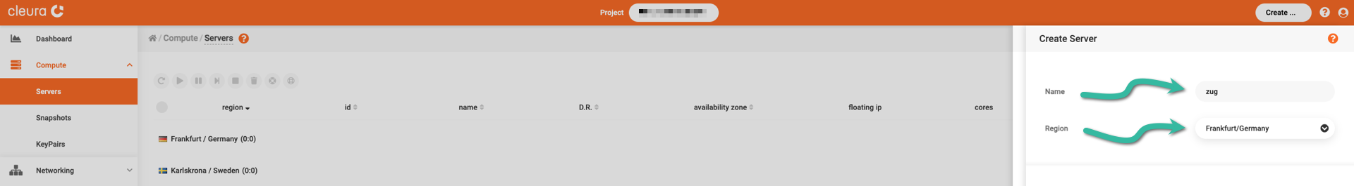 Type in server name and select region