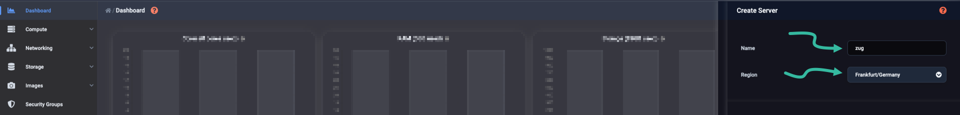 Type in server name and select region