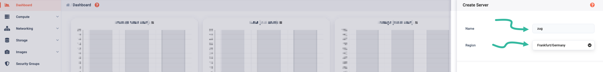 Type in server name and select region