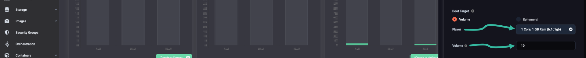 Boot target, volume, and volume size