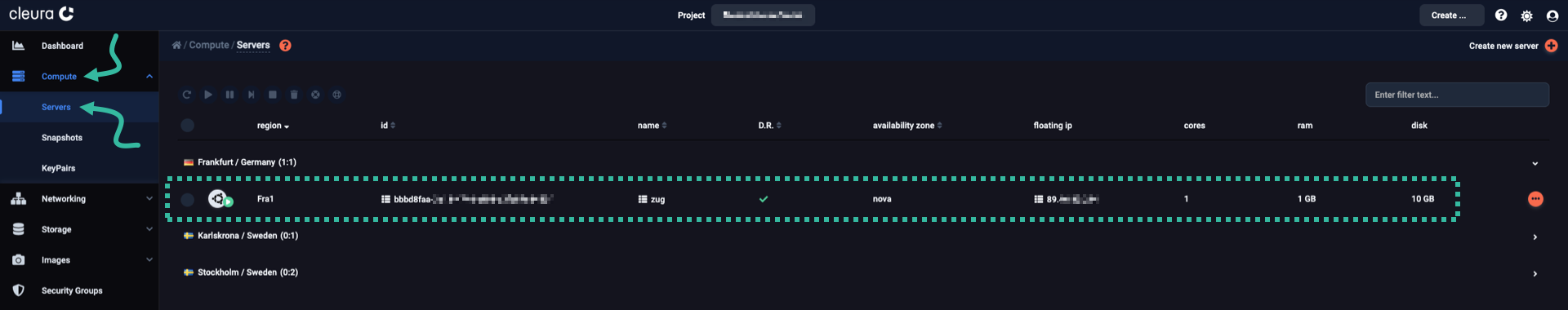Use the left-hand side navigation panel, reveal the "servers" central pane, and locate the server of interest