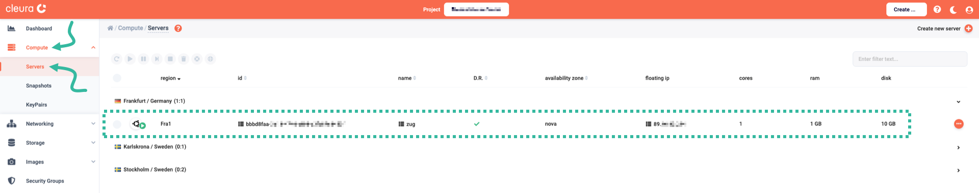 Use the left-hand side navigation panel, reveal the "servers" central pane, and locate the server of interest