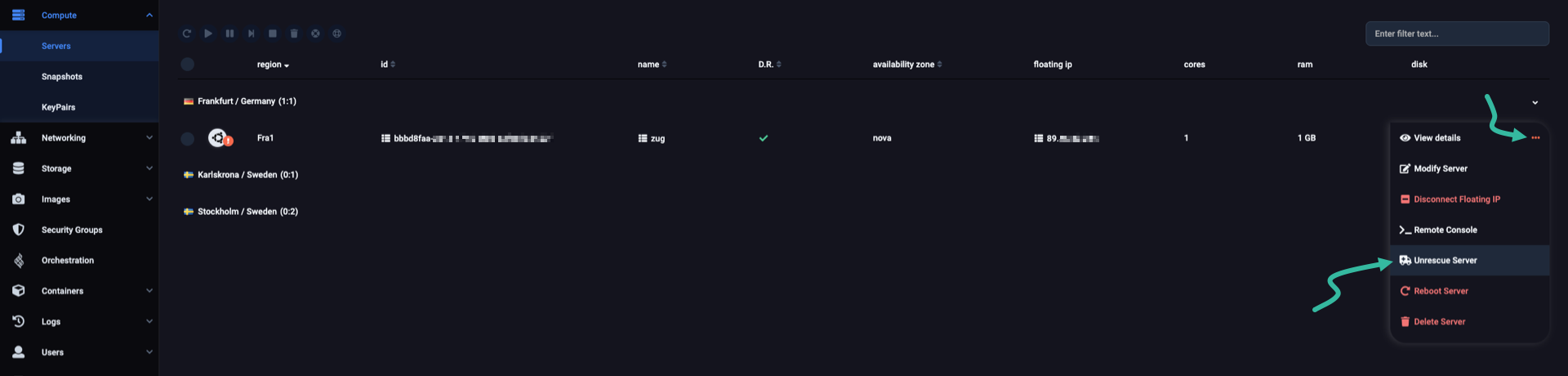 From the server-in-rescue drop-down menu, select "unrescue server"