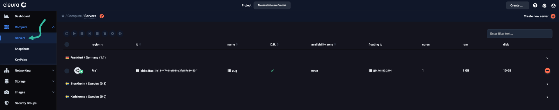 In the left hand side navigation panel, select "compute" and then "servers"