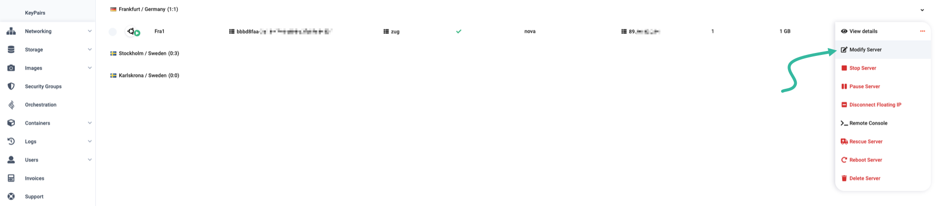 In the drop-down menu of the server you want to resize, click on "modify server"