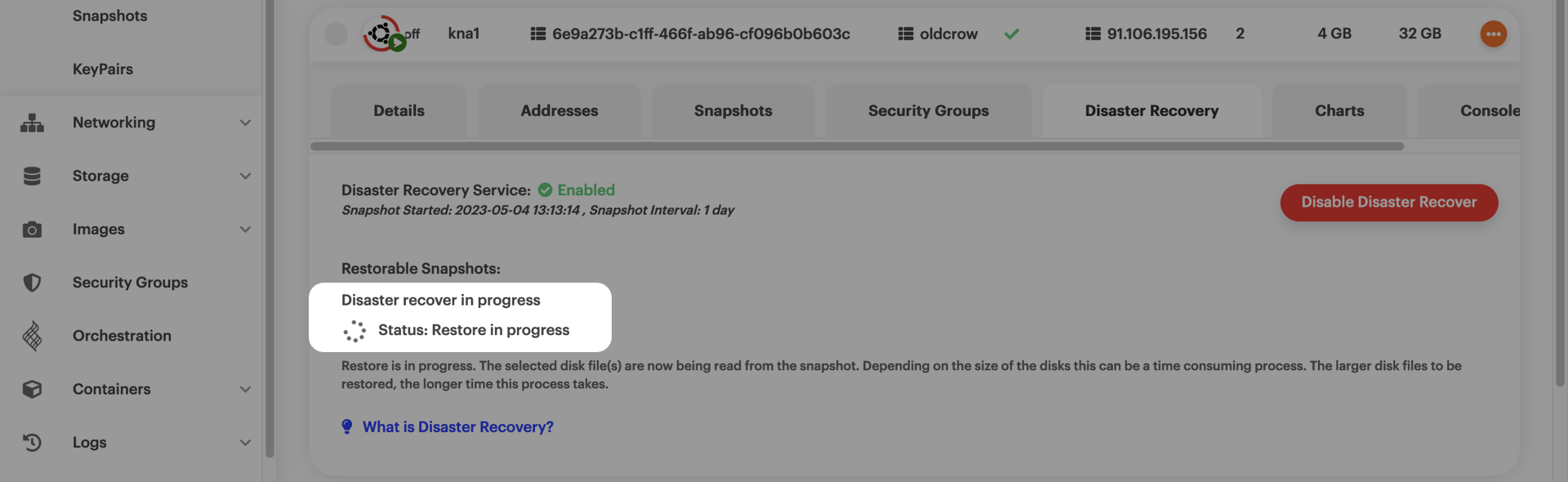 Snapshot recovery in progress