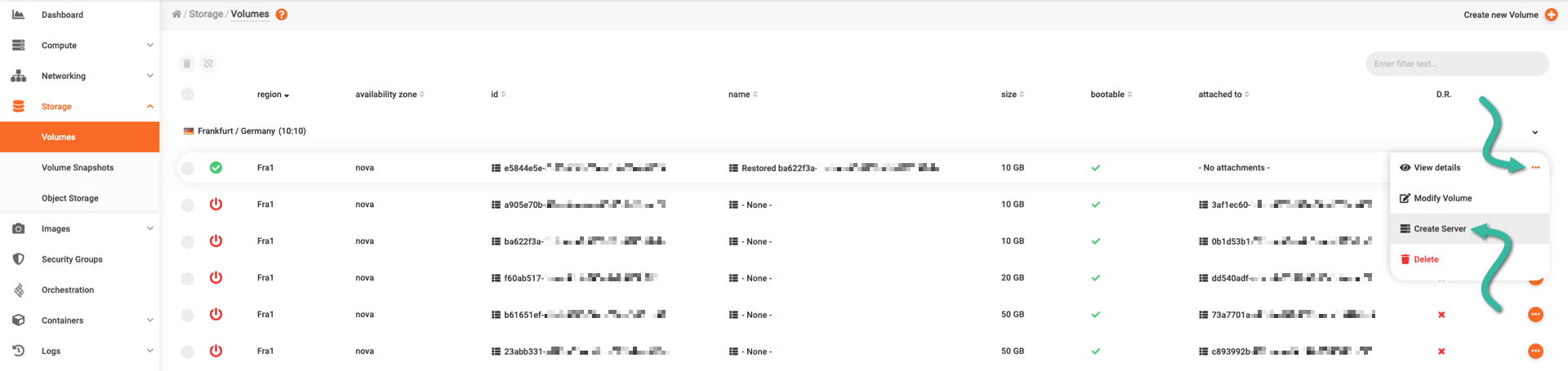 Creating a server from the new volume