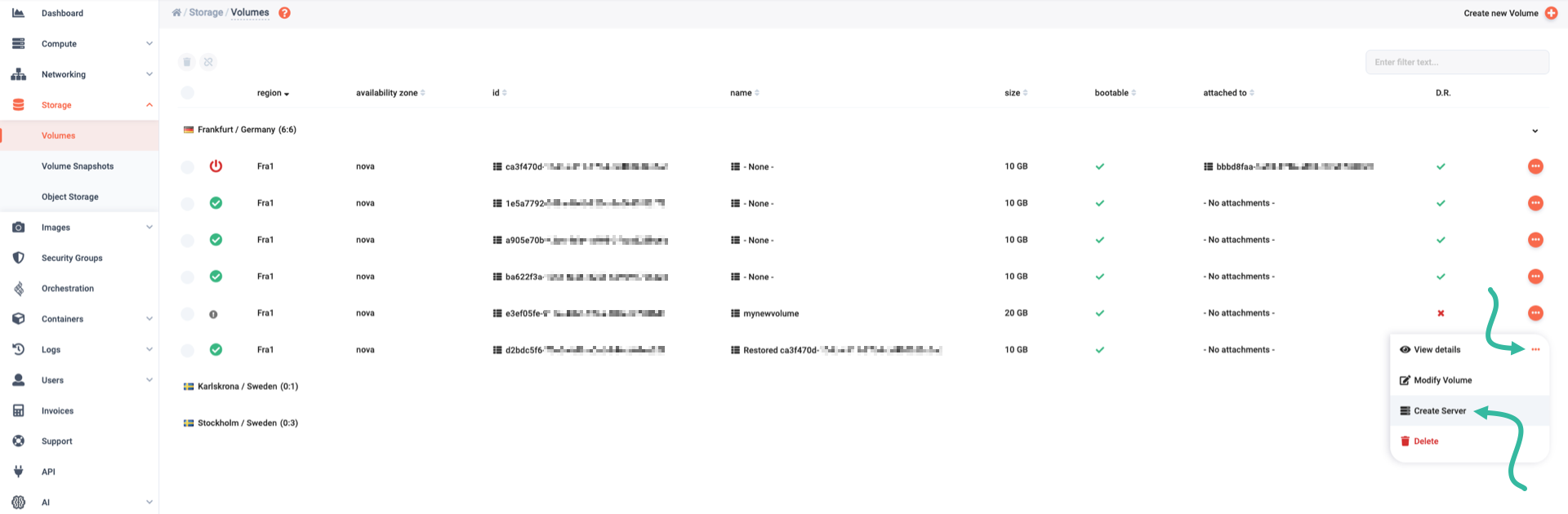 Creating a server from the new volume