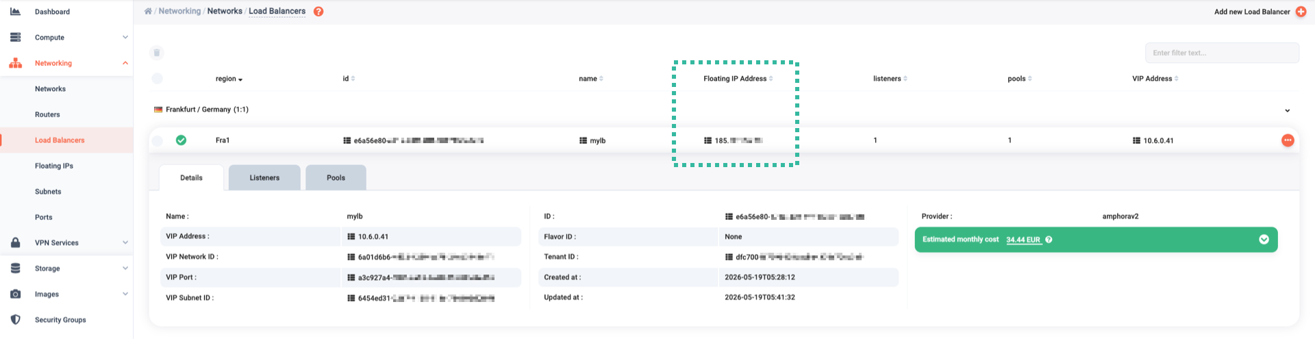 Floating IP attached to load balancer