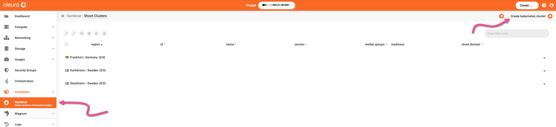 Gardener page in Cleura Cloud Management Panel