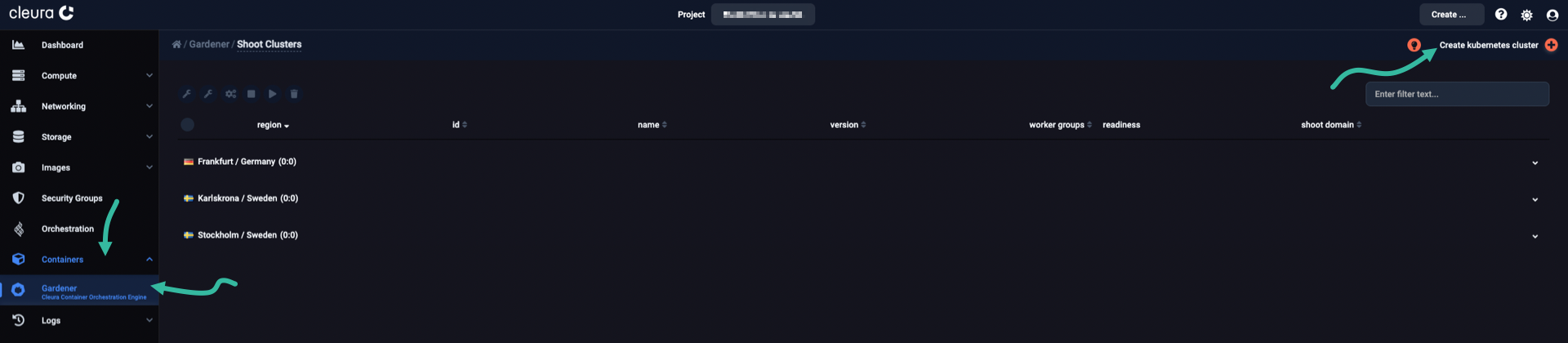 Gardener page in Cleura&nbsp;Cloud Management&nbsp;Panel