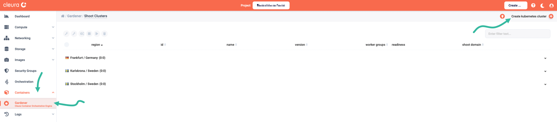 Gardener page in Cleura&nbsp;Cloud Management&nbsp;Panel