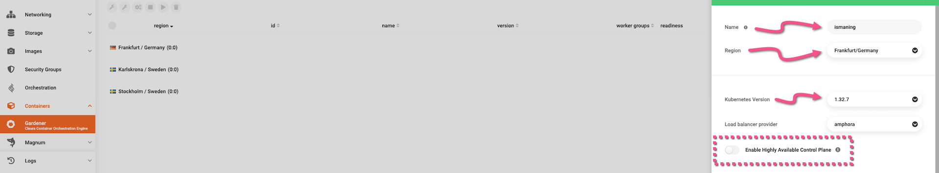 "Create Gardener Shoot Cluster" panel, showing options to type in a cluster name, select a region, set the Kubernetes version, and turn on HA for the control plane