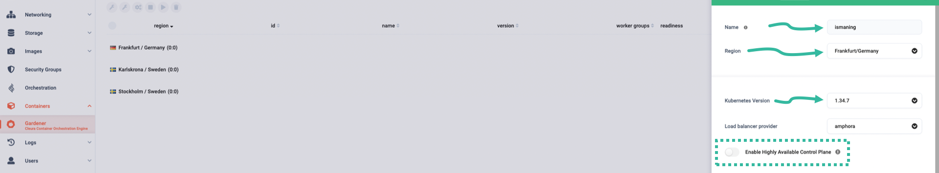 Create Gardener Shoot Cluster panel, showing options to type in a cluster name, select a region, set the Kubernetes version, and turn on HA for the control plane