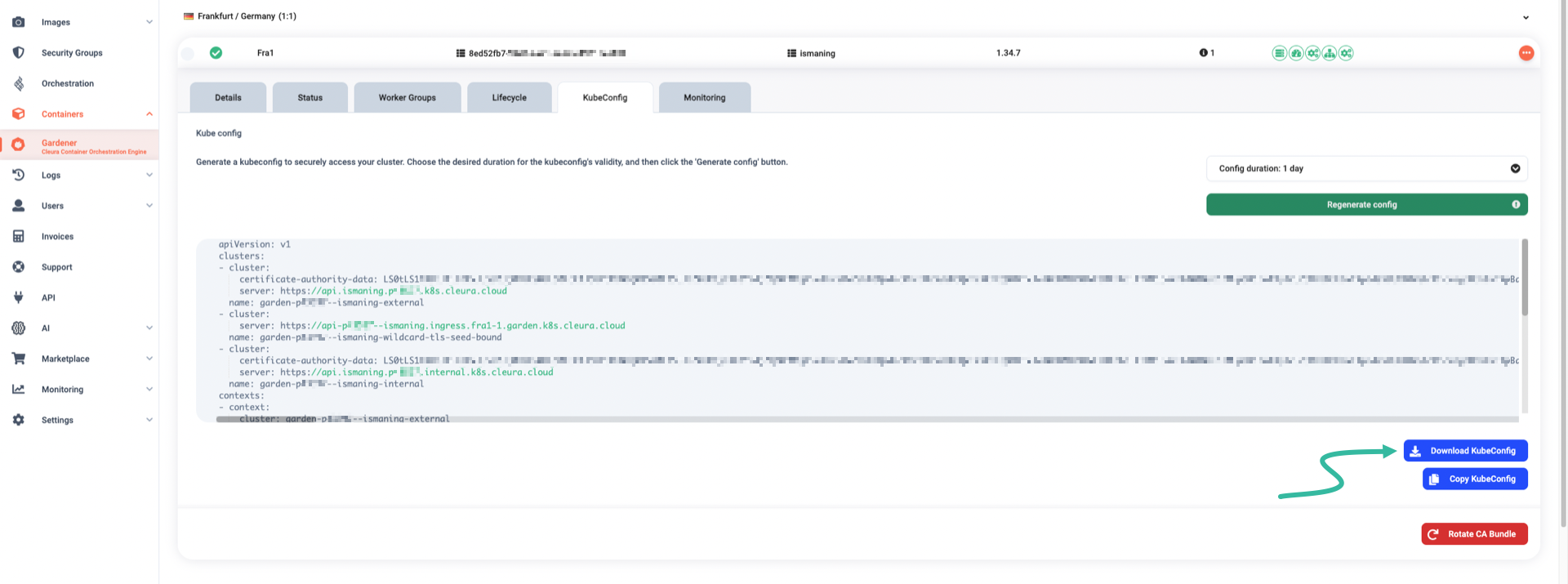 Download fresh certificate-based kubeconfig