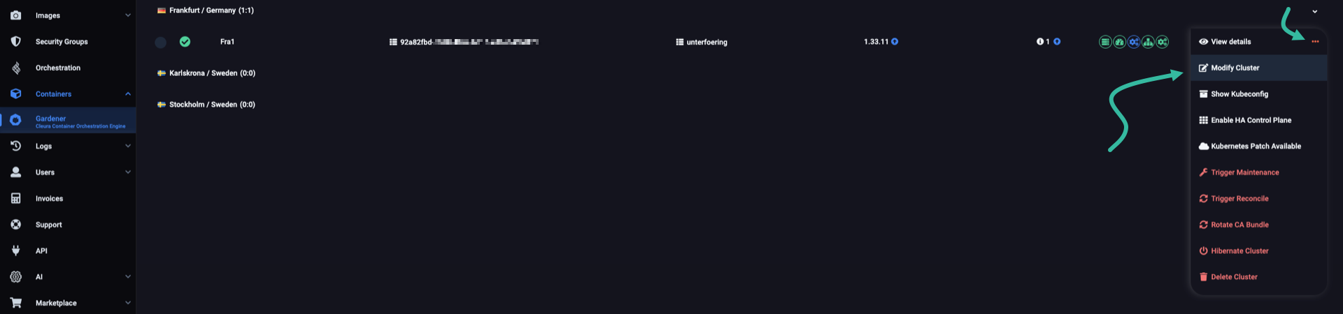 Select the option for modifying a cluster