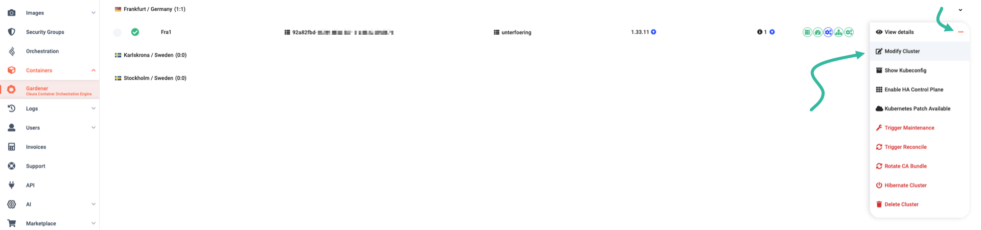 Select the option for modifying a cluster