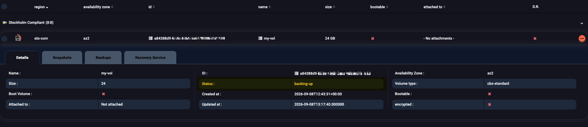 Viewing the details of a volume with a backup in progress