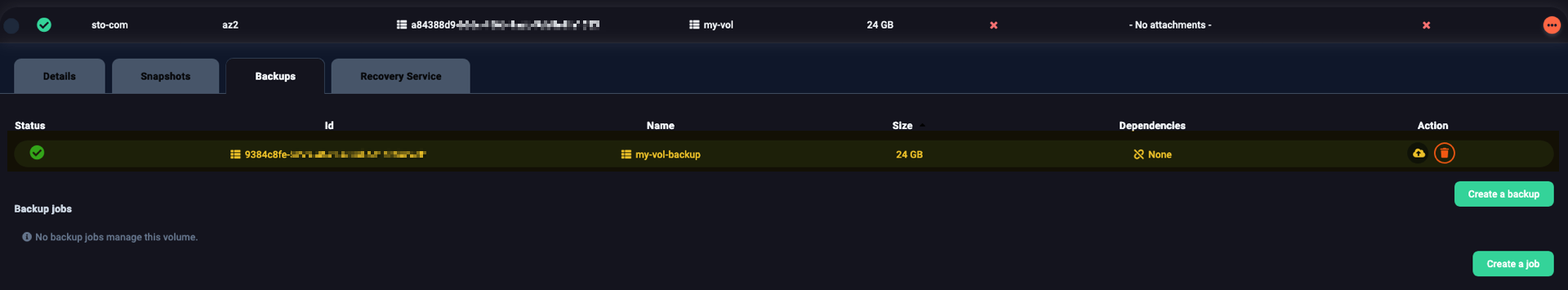 All backups of the selected volume