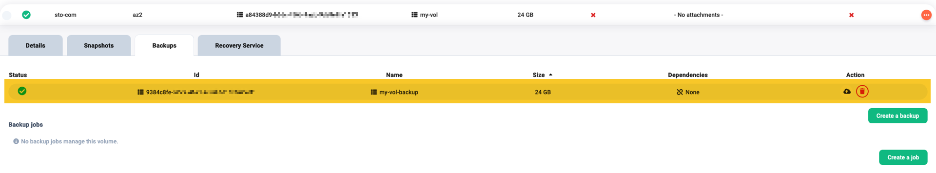 All backups of the selected volume