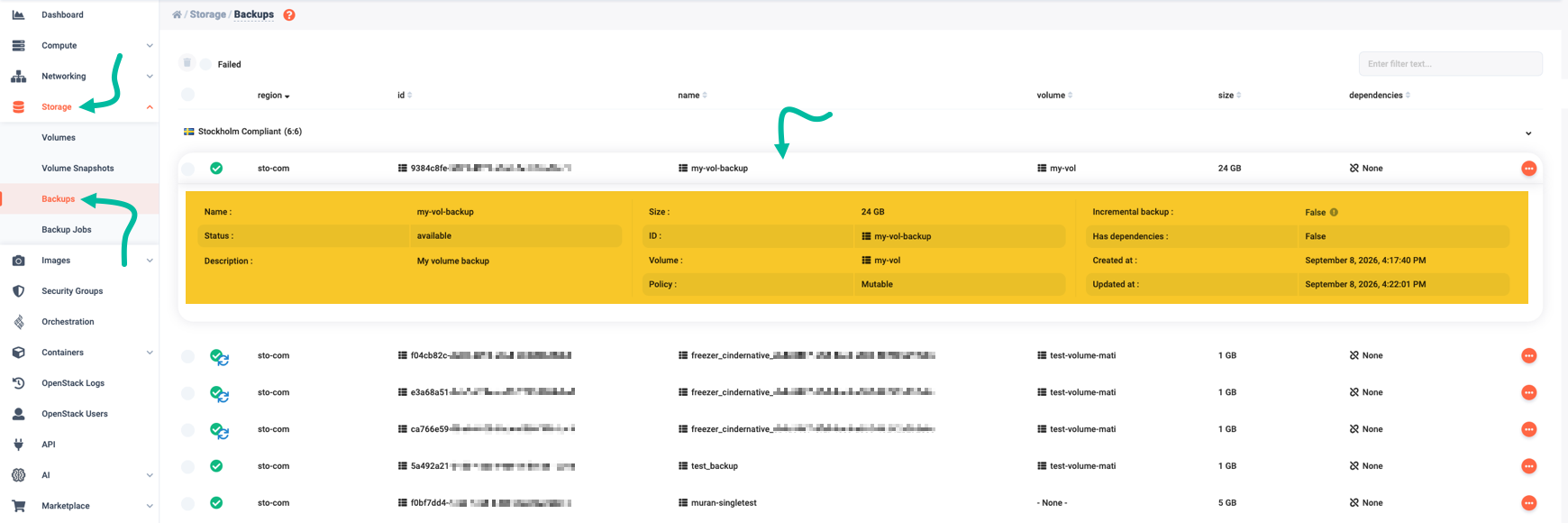 Get details regarding the selected backup