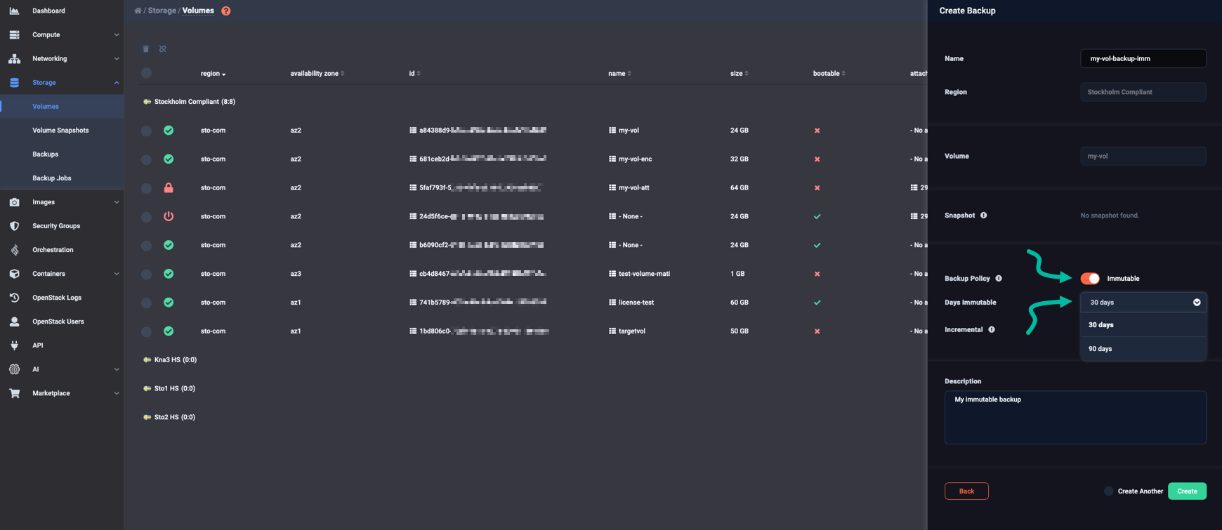 Switching the backup policy to "immutable" and selecting immutability period