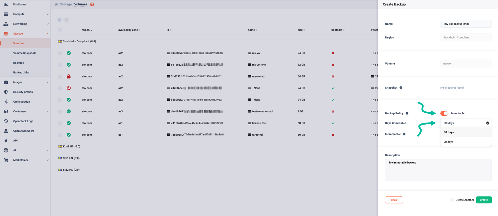 Switching the backup policy to "immutable" and selecting immutability period