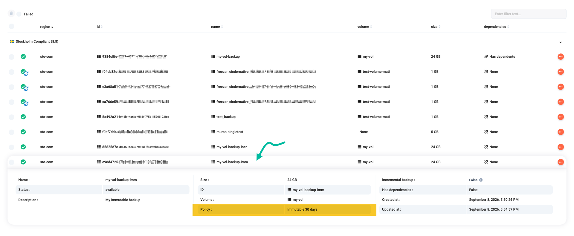 Checking whether a backup is in an immutable container