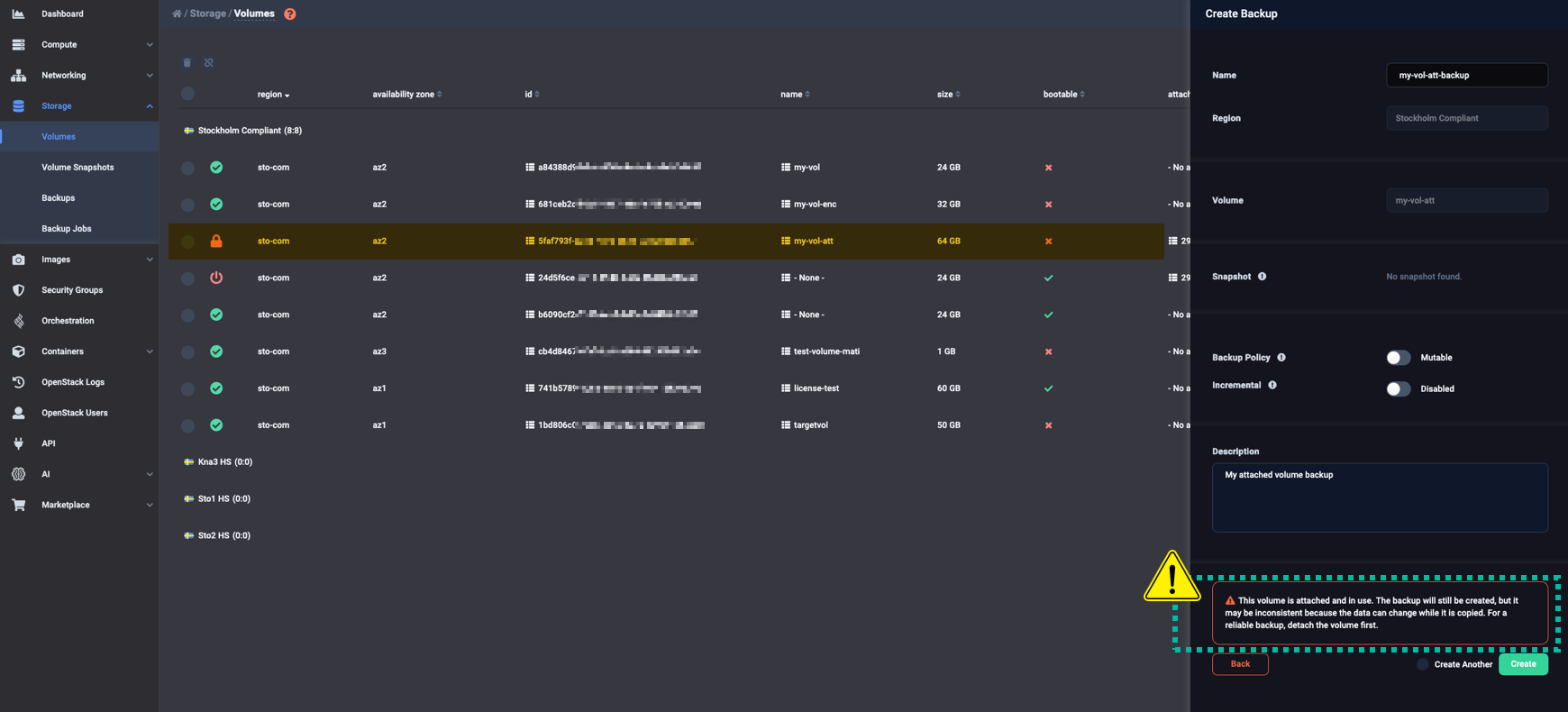 Create backups of attached volumes as per usual