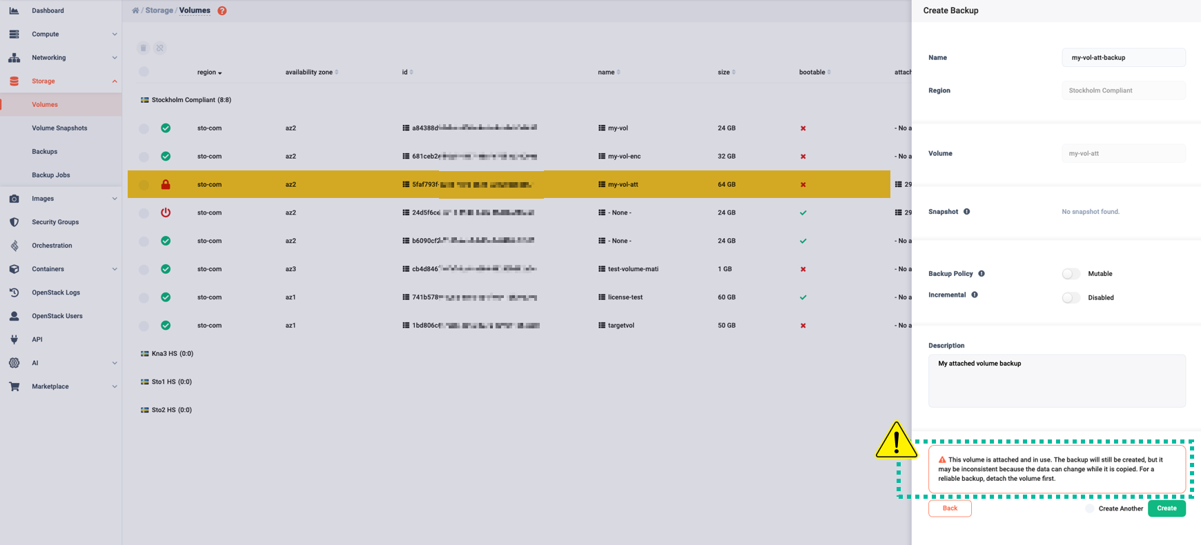 Create backups of attached volumes as per usual