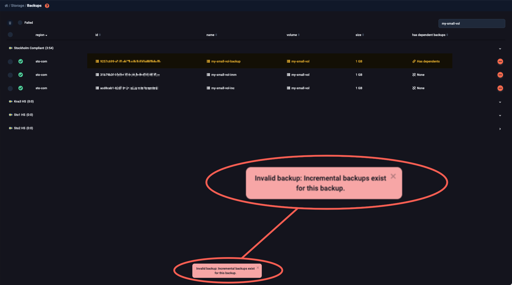 You cannot delete backups with dependents