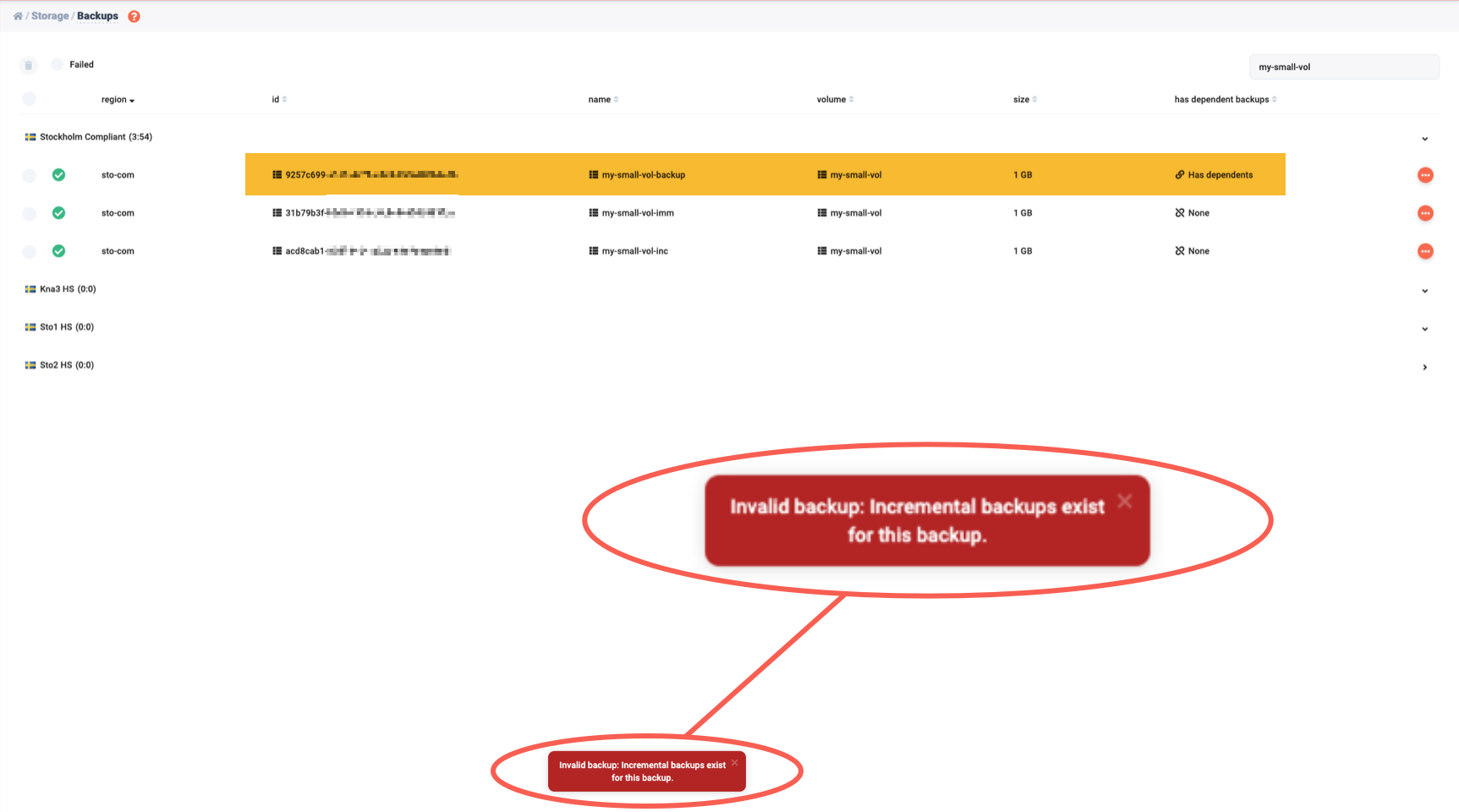 You cannot delete backups with dependents