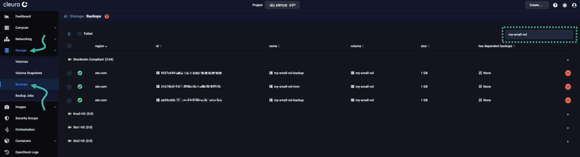 Cinder volume backups, filtered by name
