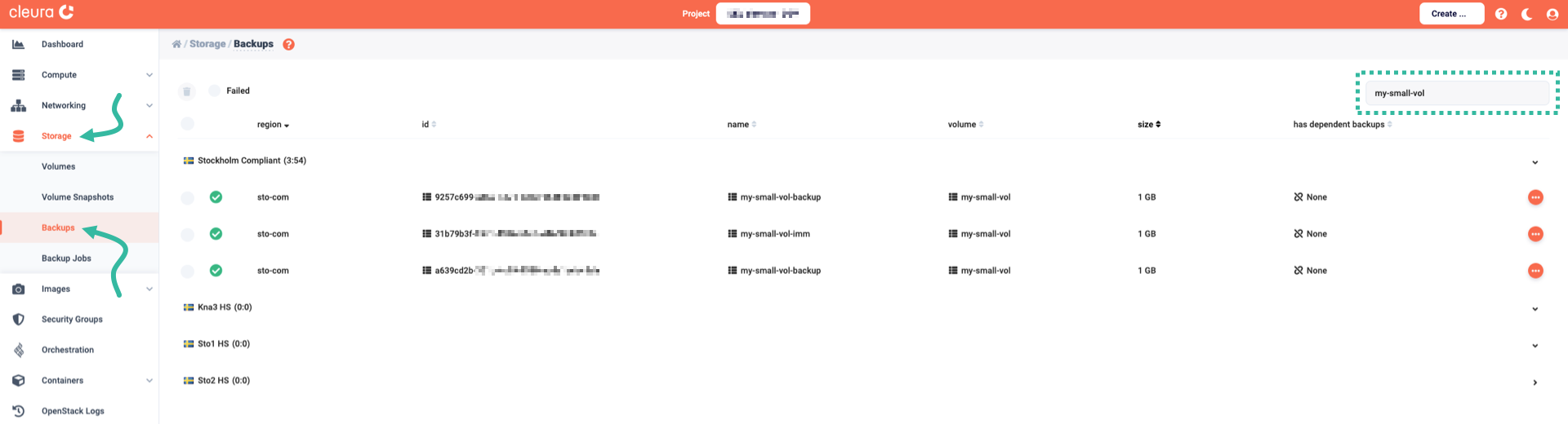 Cinder volume backups, filtered by name