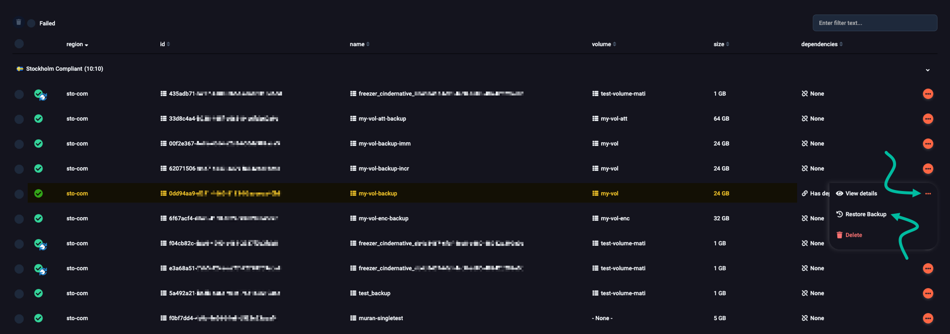 Locate the Cinder backup you are interested in restoring