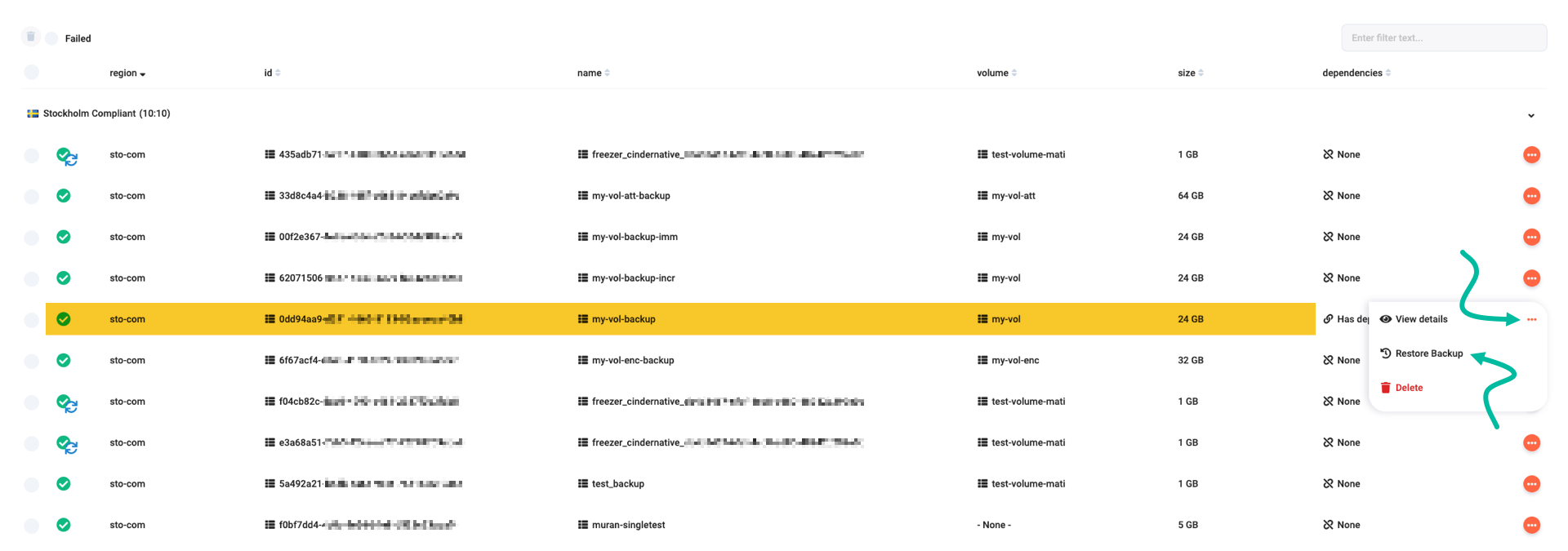 Locate the Cinder backup you are interested in restoring