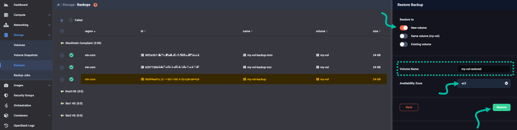 Name and availability zone for the new volume you are about to restore to