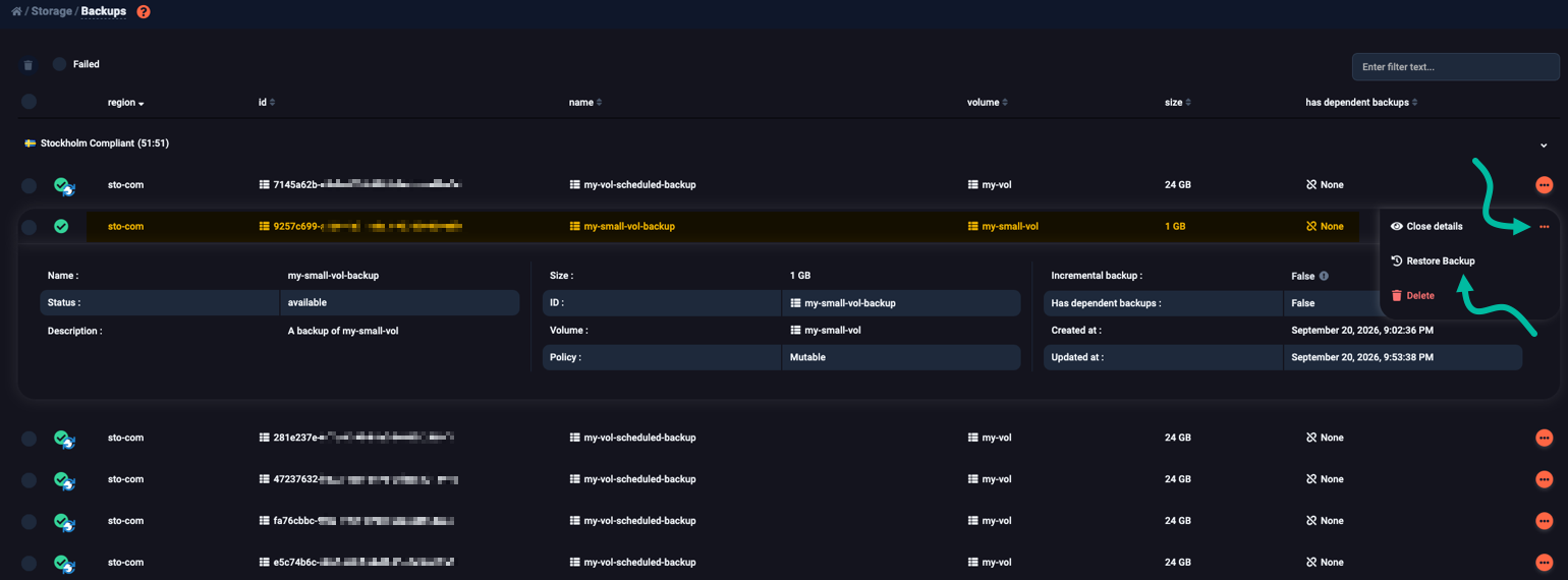 Selecting a backup to restore