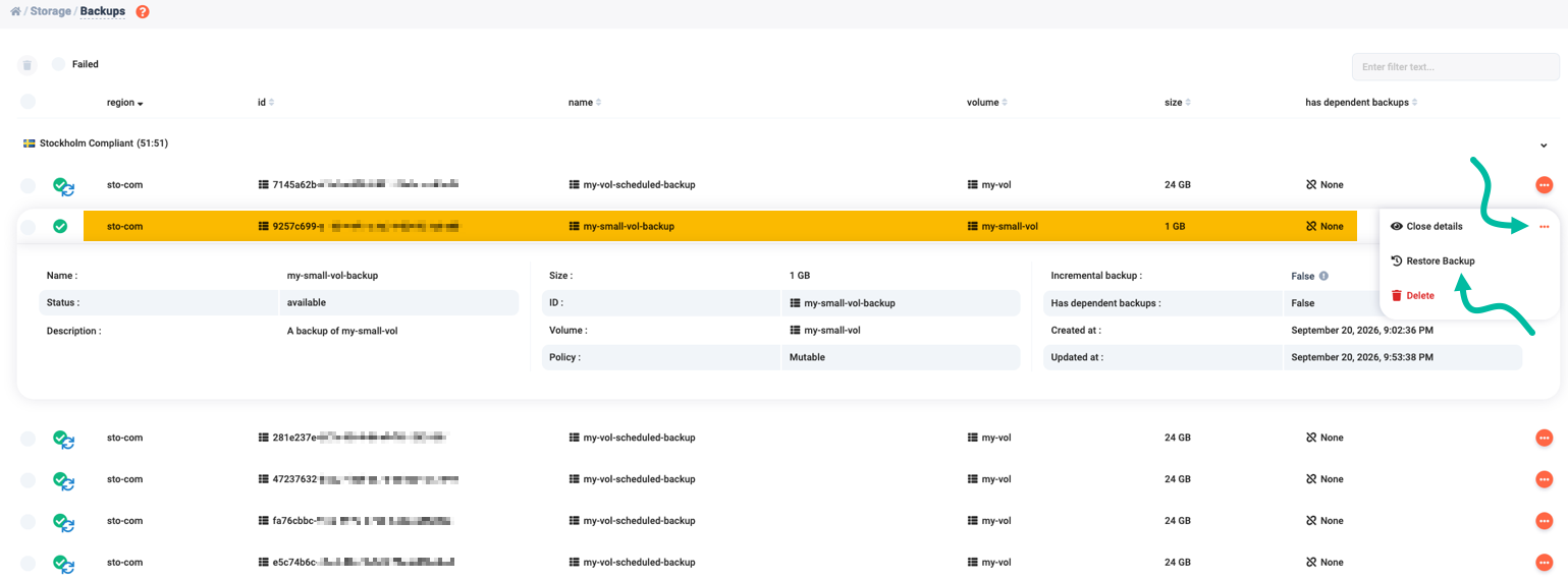 Selecting a backup to restore
