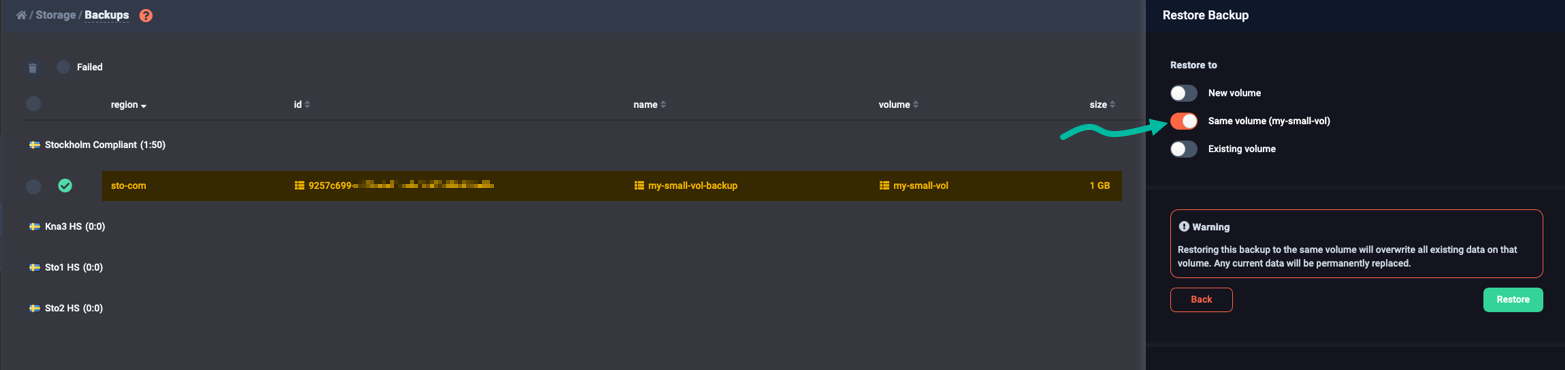 Selecting the original volume to restore into